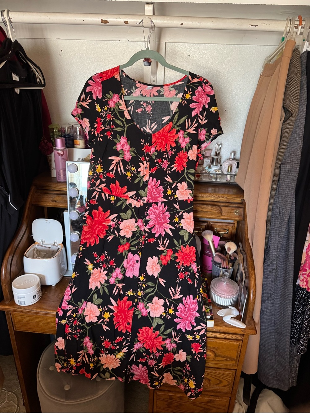 Old Navy Black Midi Dress with Pink & Red Floral Print